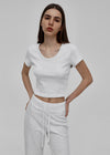 [B-BASIC] Standard U-Ausschnitt Crop Kurzarm T-Shirt (2SIZE)