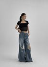 Kamshon Damage Wide Long Denim Pants