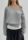 Off-shoulder slit fleece crop man-to-man