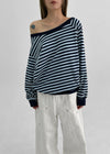 Lumbo Stripe Unbalanced Off-Shoulder Long Sleeve T-Shirt