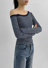 Squat Stripe Unbalance Shoulder Long Sleeve T-shirt