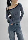 Squat Stripe Unbalance Shoulder Long Sleeve T-shirt