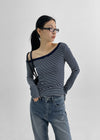 Squat Stripe Unbalance Shoulder Long Sleeve T-shirt