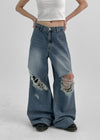 Kamshon Damage Wide Long Denim Pants