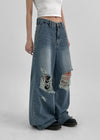 Kamshon Damage Wide Long Denim Pants