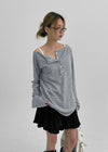 Fonmue Stripe Off-Shoulder Long Sleeve Tee