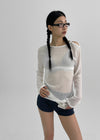 Limisin Hole Shoulder Knit Linen Long Sleeve Tee