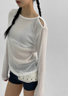 Limisin Hole Shoulder Knit Linen Long Sleeve Tee