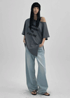 Olluon Loose Fit One Shoulder Short Sleeve Tee