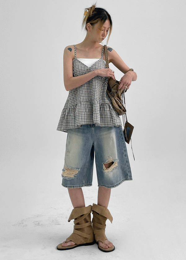 【U LAN】Banding Track Damage Bermuda Denim Pants Rebabee Damage Bermuda Denim Pants – BLACKUP